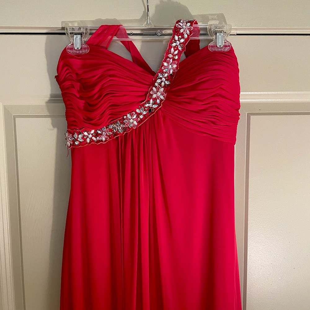 Red & Rhinestone Formal One shoulder Dress - Picture 4 of 13